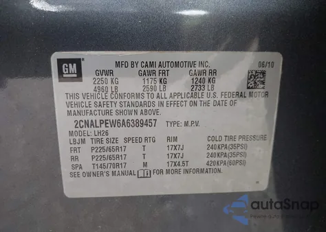 2010 Chevrolet Equinox Lt из США, поврежденный, VIN 2CNALPEW6A6389457